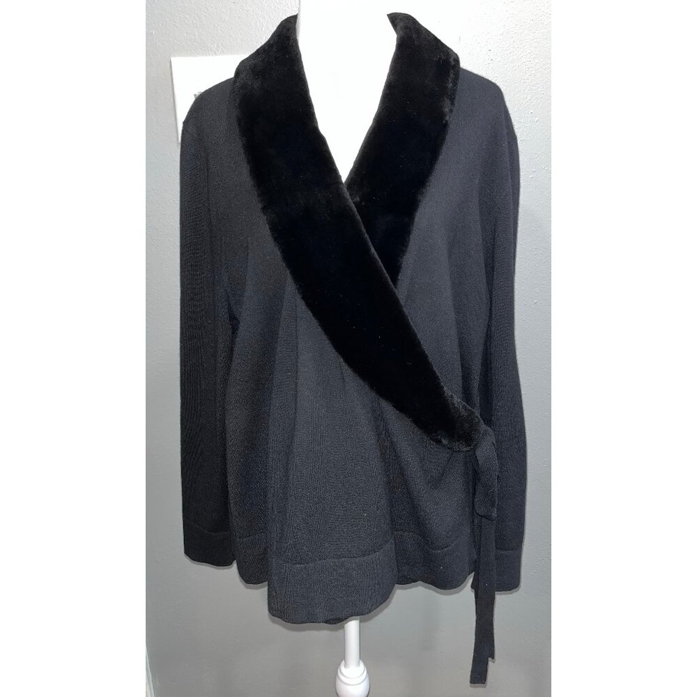 LAFAYETTE 148 100% Cashmere Black Wrap Cardigan Sweater, Faux Fur Collar, Sz 1X